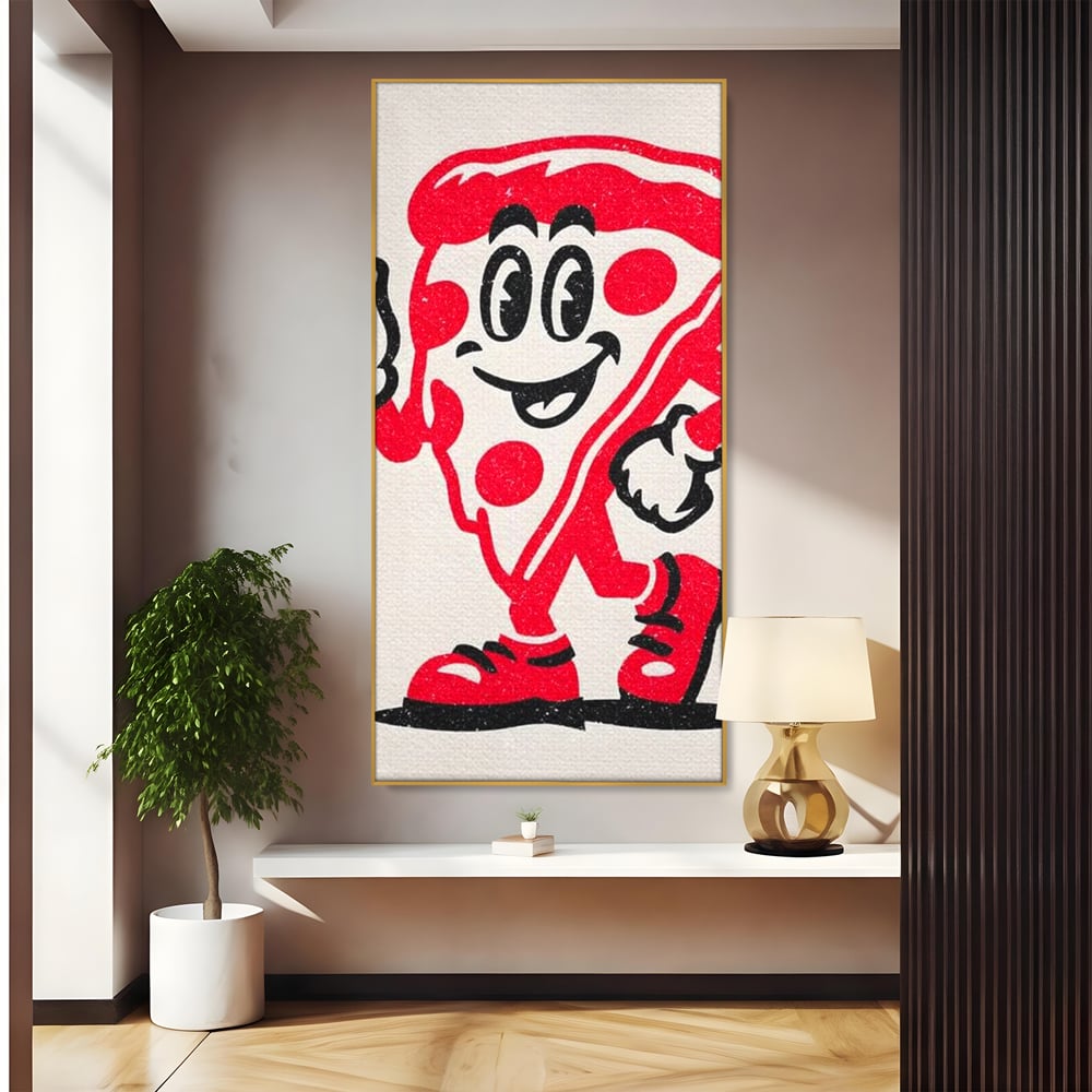 Tablou canvas cu ilustratie retro cu felie de pizza, in rama de aluminiu auriu